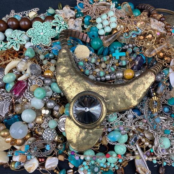Jewelry for Crafting 3+ pounds Turquoise Gold Brown Toned Floral Glass Beads - Picture 1 of 12